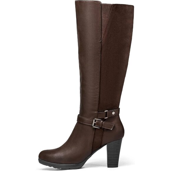 Shoes - Women's Splicing Brown Knee High Imported Chunky Heel Boots With Zipper Shoes